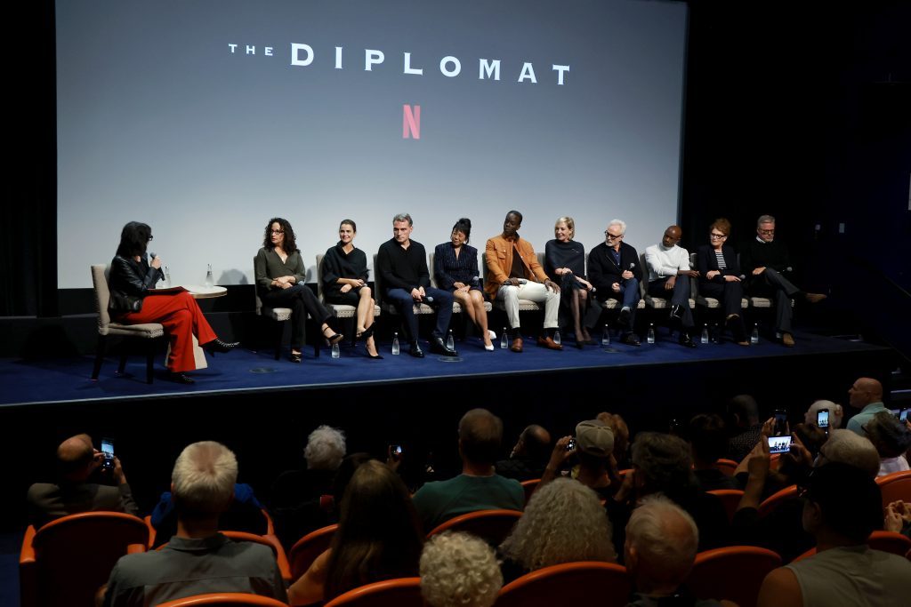 The Diplomat Season 3 Screening and Q&A NEW YORK, NEW YORK - OCTOBER 15: Debora Cahn, Keri Russell, Rufus Sewell, Ali Ahn, Ato Essandoh, Allison Janney, Bradley Whitford, David Gyasi, Janice Williams and Alex Graves speak onstage during The Diplomat Season 3 Screening and Q&A at The Whitby Hotel on October 15, 2025 in New York City. (Photo by Jason Mendez/Getty Images for Netflix)